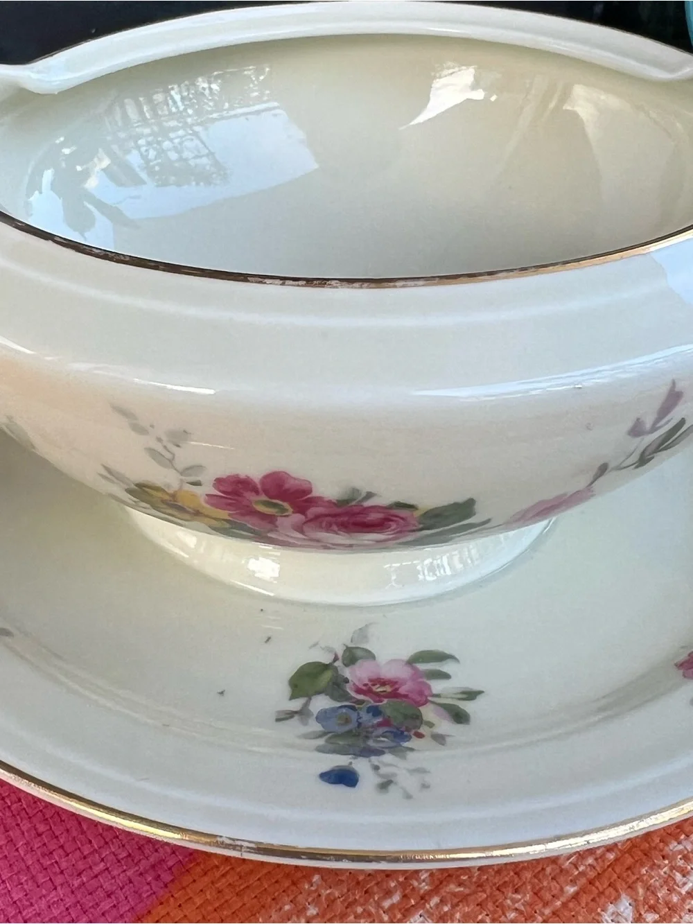 Vintage MECO Czechoslovakia Porcelain Gravy Boat Underplate Floral Gold Trim